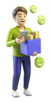 3D man in a green shirt and blue pants delivering a package with small, large, love, heart icons floating around on a transparent background. png