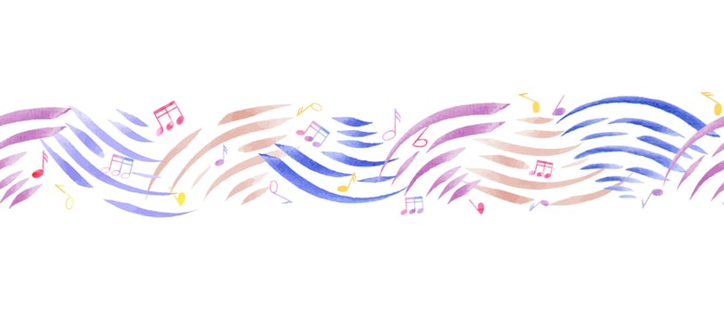Seamless border with abstract music waves and music notes. Multicolored note symbols. Musical cute atmosphere. Watercolor illustration for textile, package, wrapping vector