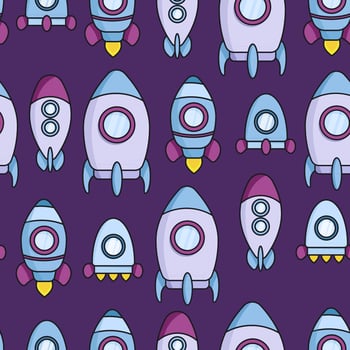 Seamless pattern of flat cartoon space rockets on dark background vector