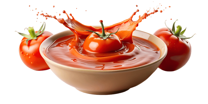 Tomato splashing in bowl of tomato soup, isolated transparent png