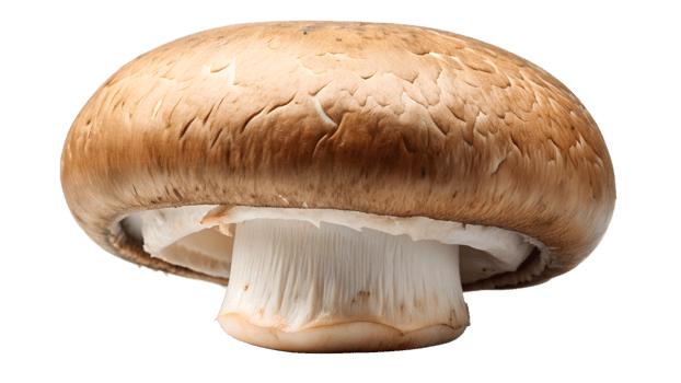 Single brown portobello mushroom with texture, isolated transparent png
