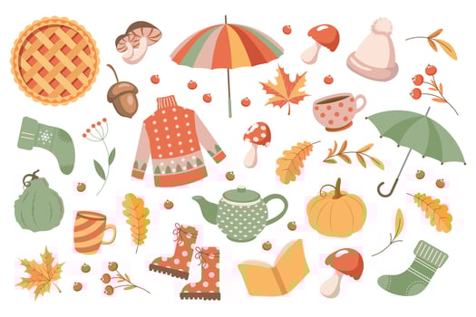 Autumn elements set, cute hand drawn seasonal objects. Fall season cozy elements clipart bundle. Illustration in flat style vector