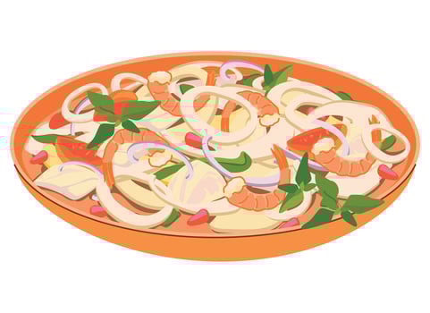 Millionaire's salad is a traditional dish of Mauritius. The appetizer consists of the heart of a seven year old palm tree and seafood such as shrimp, crab meat or lobster. A unique recipe. vector