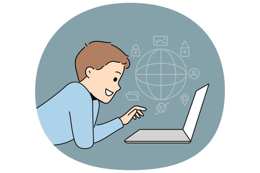 Child browsing internet on laptop vector