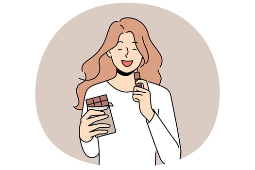 Smiling girl eating chocolate bar vector