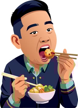 Young adult asian man is holding a bowl and eating with chopsticks- vector
