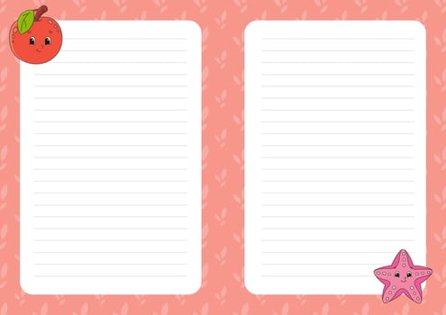 Colored sheet template for notes. Paper page for journal, notebook, diary, letters, schedule, organizer. Cute cartoon character. Lined sheet. illustration. vector