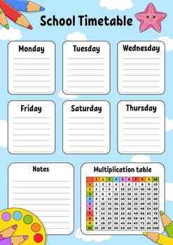School timetable with multiplication table. For the education of children. Isolated on a white background. With a cute cartoon character. illustration. vector