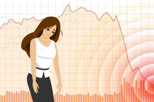 Sad businesswoman on stock index chart falling and investor finance loss banner. Stressed business woman on exchange market trading decreasing data fall down graph. Bankruptcy concept. Eps vector