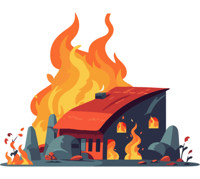 A house is on fire with flames and smoke png