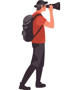 A man with a backpack and a camera is looking through a lens png