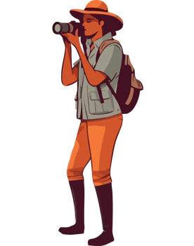 A cartoon man in orange pants and hat holding a camera png