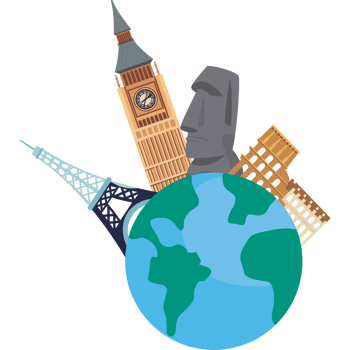 The world is surrounded by buildings and monuments png