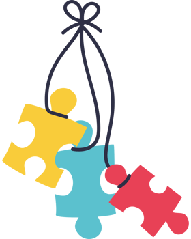 Colorful puzzle pieces hanging from a string png
