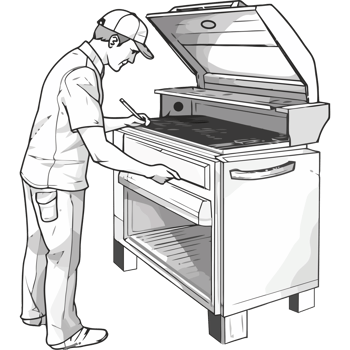 A man is standing next to a grill and looking at it png