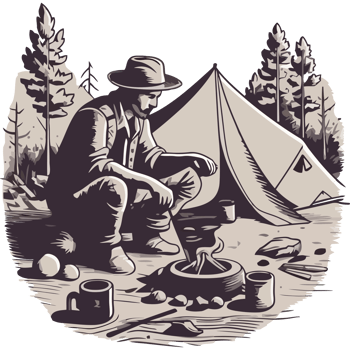 A man sitting in front of a tent and cooking food png