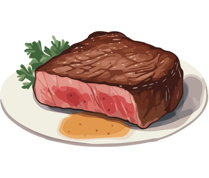 A steak on a plate with sauce and parsley png