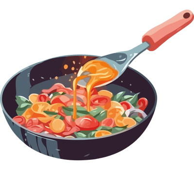 A frying pan with vegetables and sauce png