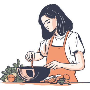 A woman is cooking vegetables in a bowl png
