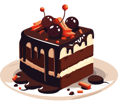 A piece of cake with chocolate and cherries on it png