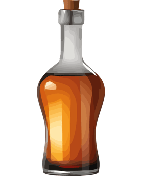 A bottle of whiskey with a wooden stopper png