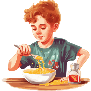 A boy is eating cereal in a bowl png