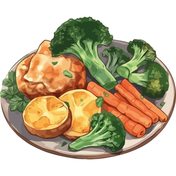 A plate of vegetables and chicken on a table png