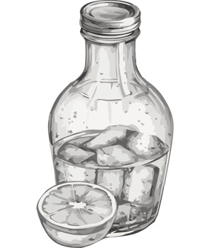 A glass bottle with ice and lemon slices png