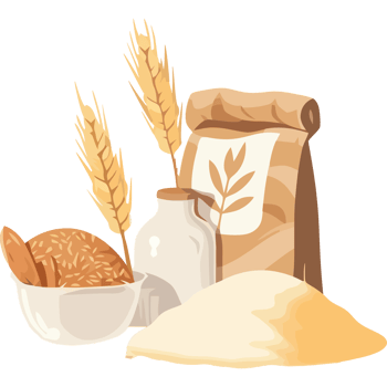 A bag of flour, a bowl of wheat, and a loaf of bread png