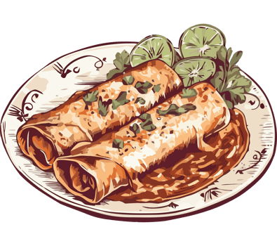 A drawing of two burritos with sauce and lime png