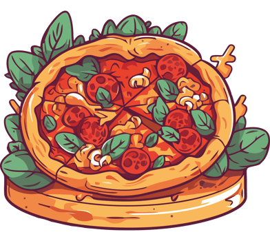 A pizza with tomatoes and basil on a wooden plate png