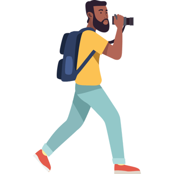 A man with a backpack is walking and taking a picture png