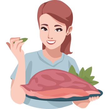 A woman holding a piece of meat on a plate png