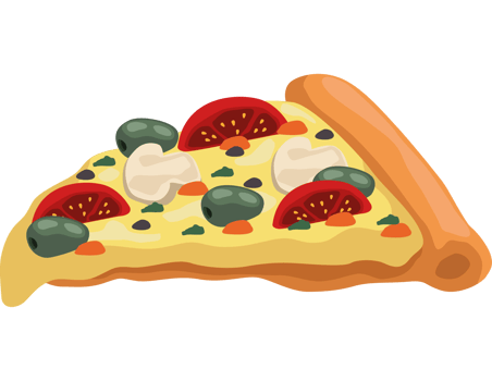 Pizza slice with olives, peppers and cheese png