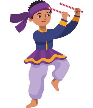 A cartoon boy in purple and blue dancing with a stick png
