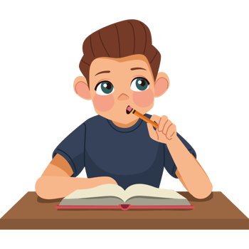 A boy is sitting at a table with a book and a pencil png