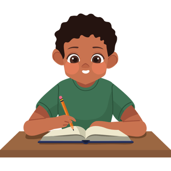 A boy is writing in a book and holding a pencil png
