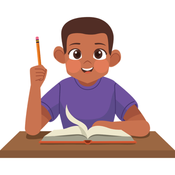A boy is sitting at a desk with a pencil and book png
