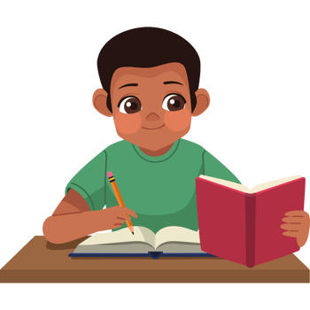 A boy is sitting at a table with a book and pencil png