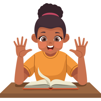A girl is sitting at a table with her hands up png