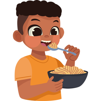 A boy eating pasta with a spoon png