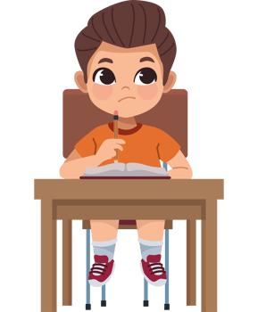 A boy sitting at a desk with a pencil and a book png