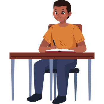 A boy sitting at a desk with a book png