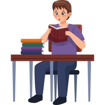 A boy is sitting at a table with books png