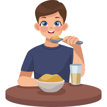 Boy eating cereal with spoon and glass of milk png