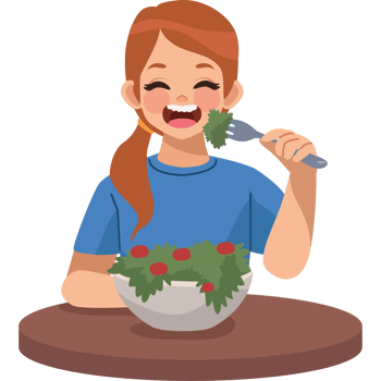 A woman eating salad with a fork and spoon png