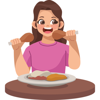 A woman is eating chicken and holding up two pieces of meat png