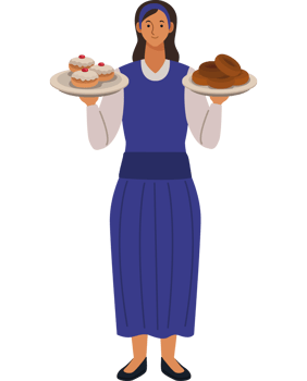 A woman in an apron holding two plates of food png