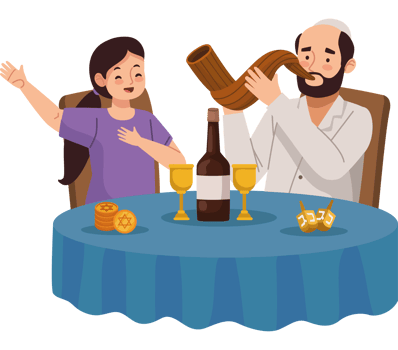 A man blowing a shofar with a woman at a table png