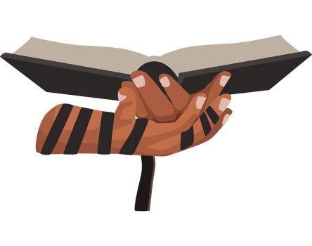 A hand holding a book with a black and white striped arm png